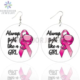 SOMESOOR October Cancer Awareness Month Designs Wooden Drop Earring For Women Gifts Peave Love Hope Cure Print Ear Loops Dangle
