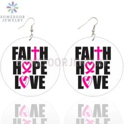 SOMESOOR October Cancer Awareness Month Designs Wooden Drop Earring For Women Gifts Peave Love Hope Cure Print Ear Loops Dangle