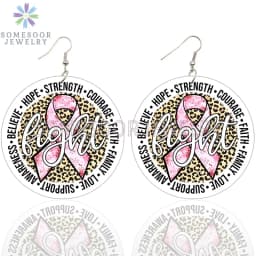 SOMESOOR October Cancer Awareness Month Designs Wooden Drop Earring For Women Gifts Peave Love Hope Cure Print Ear Loops Dangle