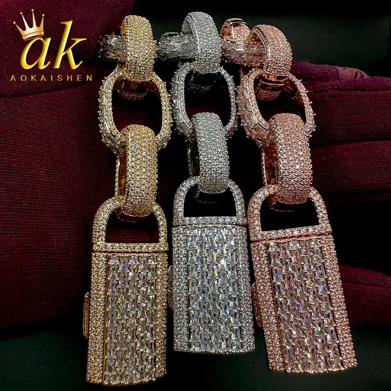 Aokaishen Box Cuban Link Bracelet for Men Iced Out Prong Setting Gold Plated Hip Hop Fashion Jewelry