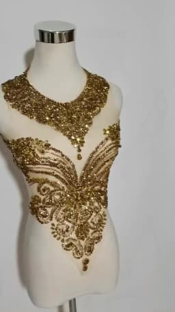 La Belleza beauty hand sewon neck bodice applique,gold silver crystal rhinestone applique Patch for dress accessories