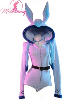 Mobbunny PM Derivative Cosplay Costume Fluffy Bodycon Romper Blue Furry Lingerie Hooded Bodysuit Homewear with Tail and Socks