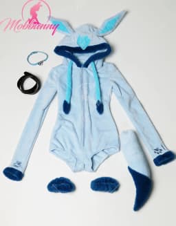 Mobbunny PM Derivative Cosplay Costume Fluffy Bodycon Romper Blue Furry Lingerie Hooded Bodysuit Homewear with Tail and Socks
