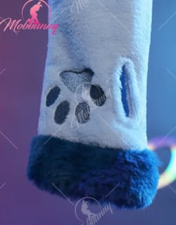 Mobbunny PM Derivative Cosplay Costume Fluffy Bodycon Romper Blue Furry Lingerie Hooded Bodysuit Homewear with Tail and Socks
