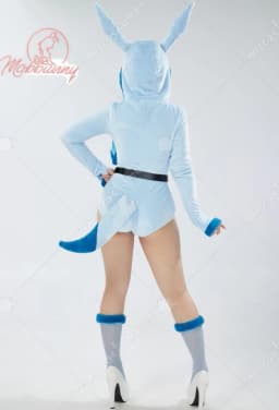 Mobbunny PM Derivative Cosplay Costume Fluffy Bodycon Romper Blue Furry Lingerie Hooded Bodysuit Homewear with Tail and Socks