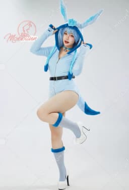 Mobbunny PM Derivative Cosplay Costume Fluffy Bodycon Romper Blue Furry Lingerie Hooded Bodysuit Homewear with Tail and Socks