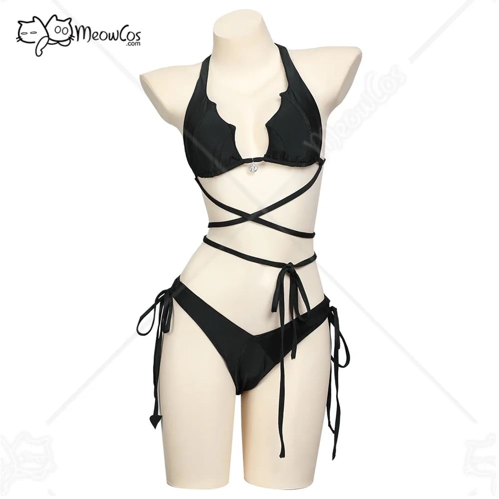 Meowcos Women's Gothic Bat Style Black Two-Piece Swimsuit Halter Lace-up Top and Low Waist Triangle Bottom Bathing Suit