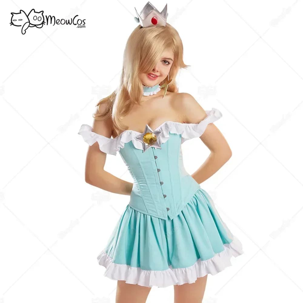 Meowcos Women Princess Style Dress Cosplsy Costume Ruffle Sexy Tube Top Tights Corset and Skirt Set with Crown and Earings
