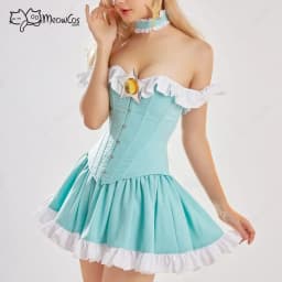 Meowcos Women Princess Style Dress Cosplsy Costume Ruffle Sexy Tube Top Tights Corset and Skirt Set with Crown and Earings