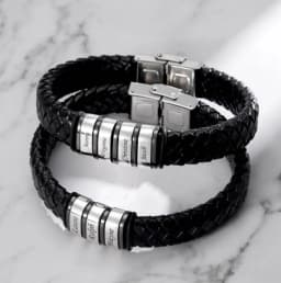 Personalized Mens Engraved Name Leather Bracelets Stainless Steel Custom Multi-Name Beads Jewelry Anniversary Gift for Husband
