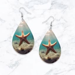 SOMESOOR Cute Sea Animal Print Wooden Teardrop Earrings Lovely Starfish Sea Turtle Seahorse Designs Ear Pendant Dangle Jewelry