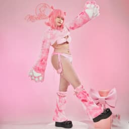 Mobbunny Women Sexy Lingerie Set Pink Cat Style Furry Paw Top and Panty with Paws and Fishnet Stockings Halloween Costume