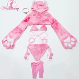 Mobbunny Women Sexy Lingerie Set Pink Cat Style Furry Paw Top and Panty with Paws and Fishnet Stockings Halloween Costume