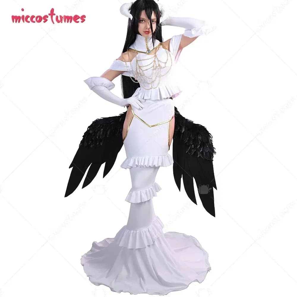 Miccostumes Women Anime Cosplay Costume White Off-shoulder Top and Cutout Skirt Set