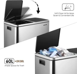 Brushed Stainless Steel 60L/16Gallon Rectangular Hands-Free Dual Compartment Recycling Kitchen Step Trash Can w/ Soft-Close Lid
