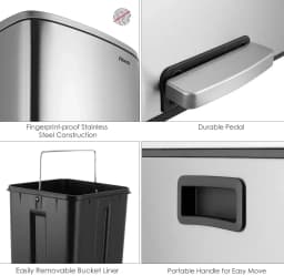 Brushed Stainless Steel 60L/16Gallon Rectangular Hands-Free Dual Compartment Recycling Kitchen Step Trash Can w/ Soft-Close Lid