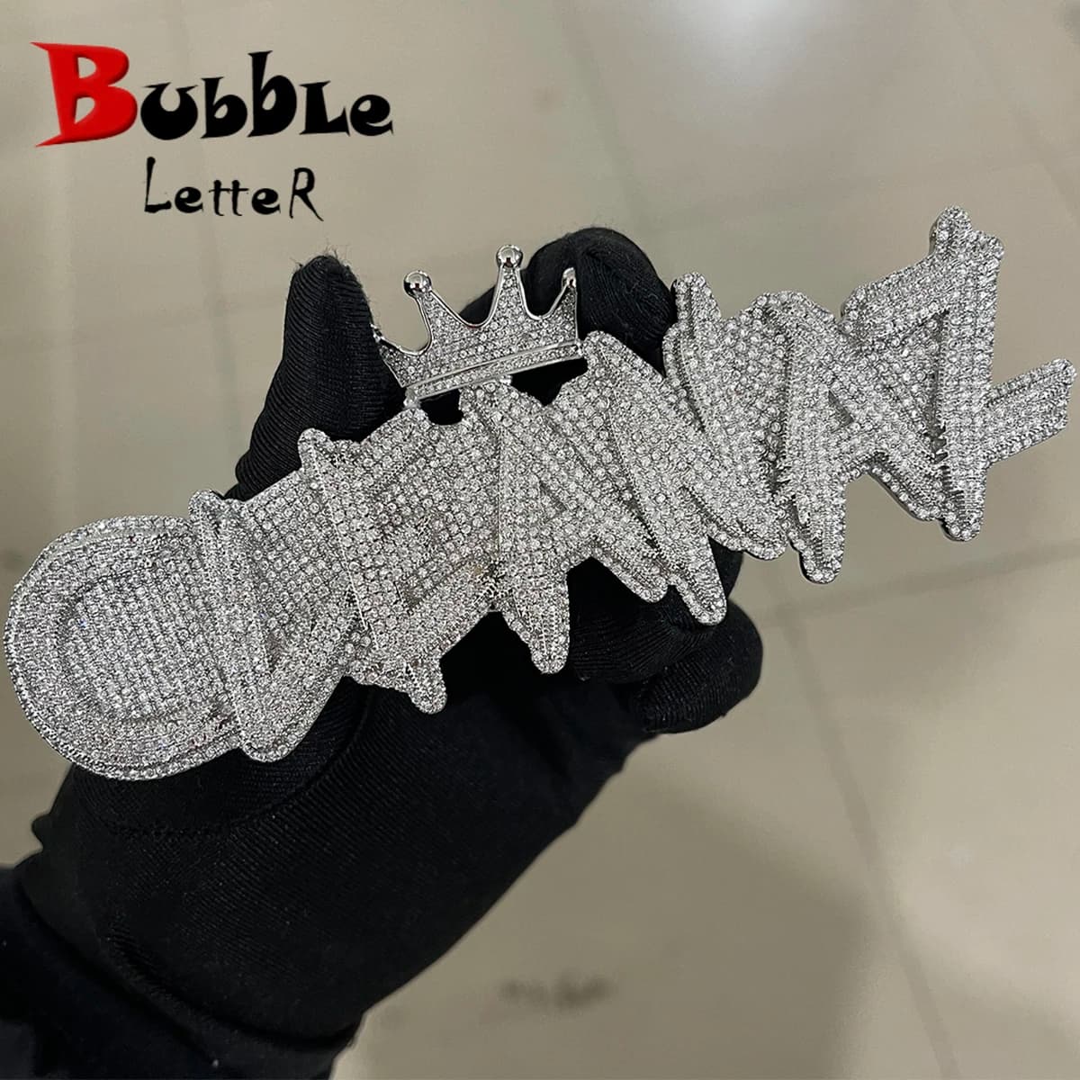 Bubble Letter Name Necklace Personalized Customized Jewelry White Gold Plated Crown Bail Rapper Bling Charms Hip Hop 2022 Trend