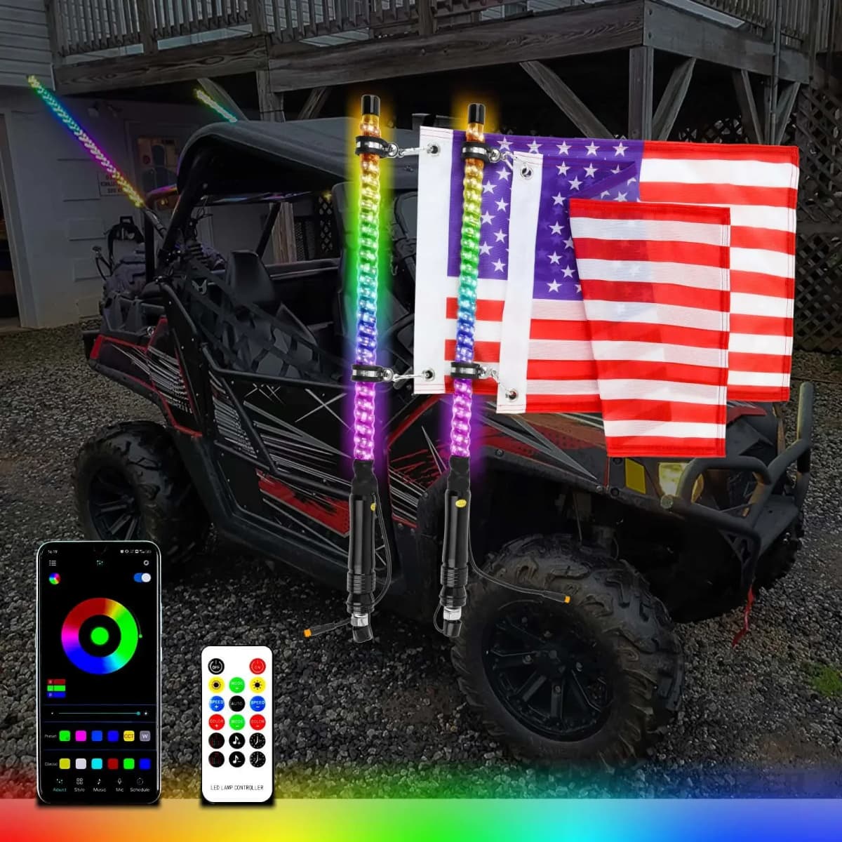 2PCS 2FT Bluetooth And Remote Control  Spiral LED Whip Lights Lighted Antenna Whips for ATV Polaris RZR