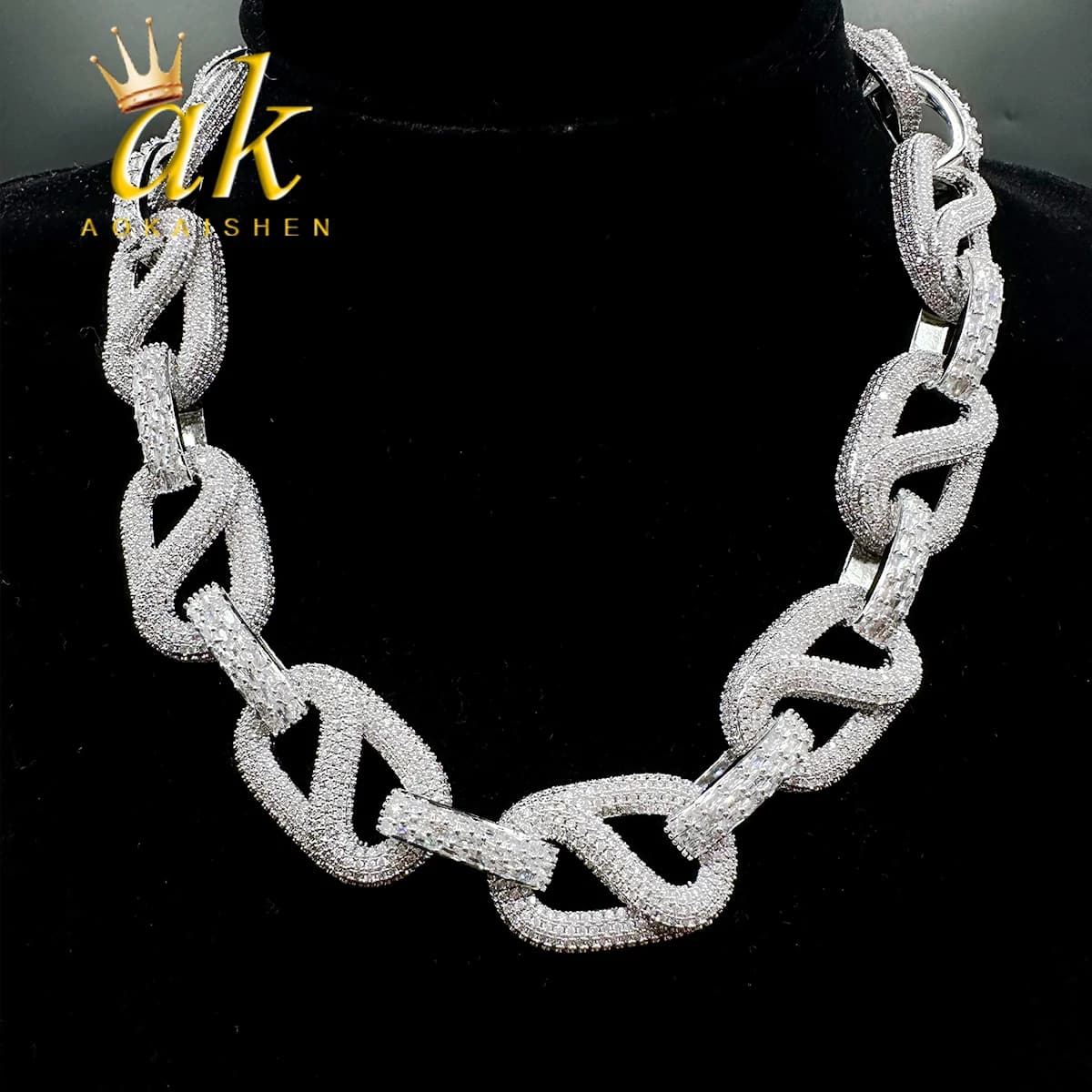 Aokaishen Iced Out Cuban Link Chain for Men Prong Necklace Real Gold Plated AAAAA Cubic Zirconia Hip Hop Jewelry