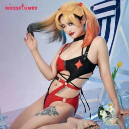 Miccostumes Gothic One-Piece Swimsuit for Women Black Red Sexy Halter Cutout Swimwear Buckle Waist Hollow Bathing Suit