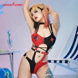 Miccostumes Gothic One-Piece Swimsuit for Women Black Red Sexy Halter Cutout Swimwear Buckle Waist Hollow Bathing Suit