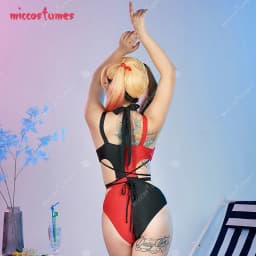 Miccostumes Gothic One-Piece Swimsuit for Women Black Red Sexy Halter Cutout Swimwear Buckle Waist Hollow Bathing Suit