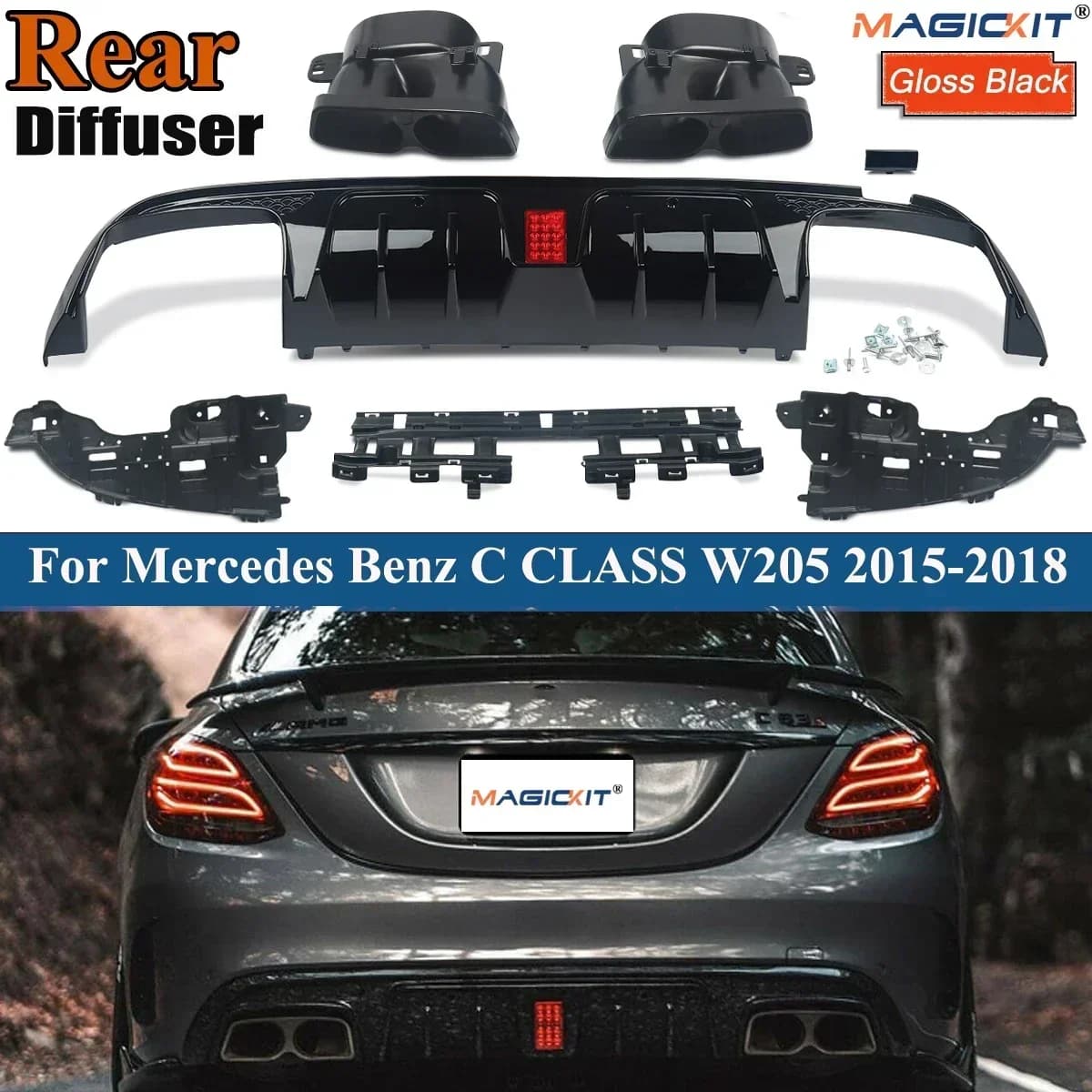 Rear Bumper Diffuser with Exhaust Tips For Mercedes-Benz C-Class W205 C200 C300 C400 C43 C63 AMG Rear Lip with LED Light