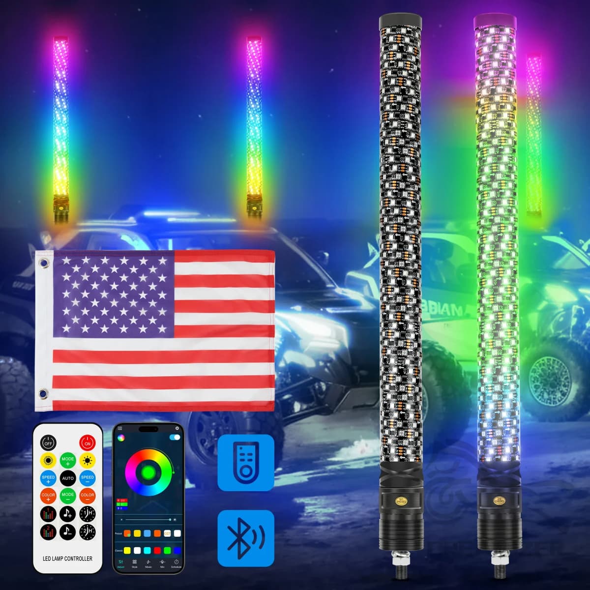 2PCS 2FT LED Whip Lights Remote Control Flagpole Antenna Whips for UTV ATV Off Road Truck Sand Buggy Dune RZR