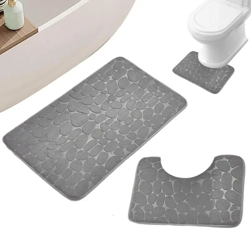 Non-Slip 50*80cm Bath Mat and 50*40cm Toilet Mat Bathroom Rug Set Soft Bath Mat with Cobblestone Pattern Washable Bath Mats
