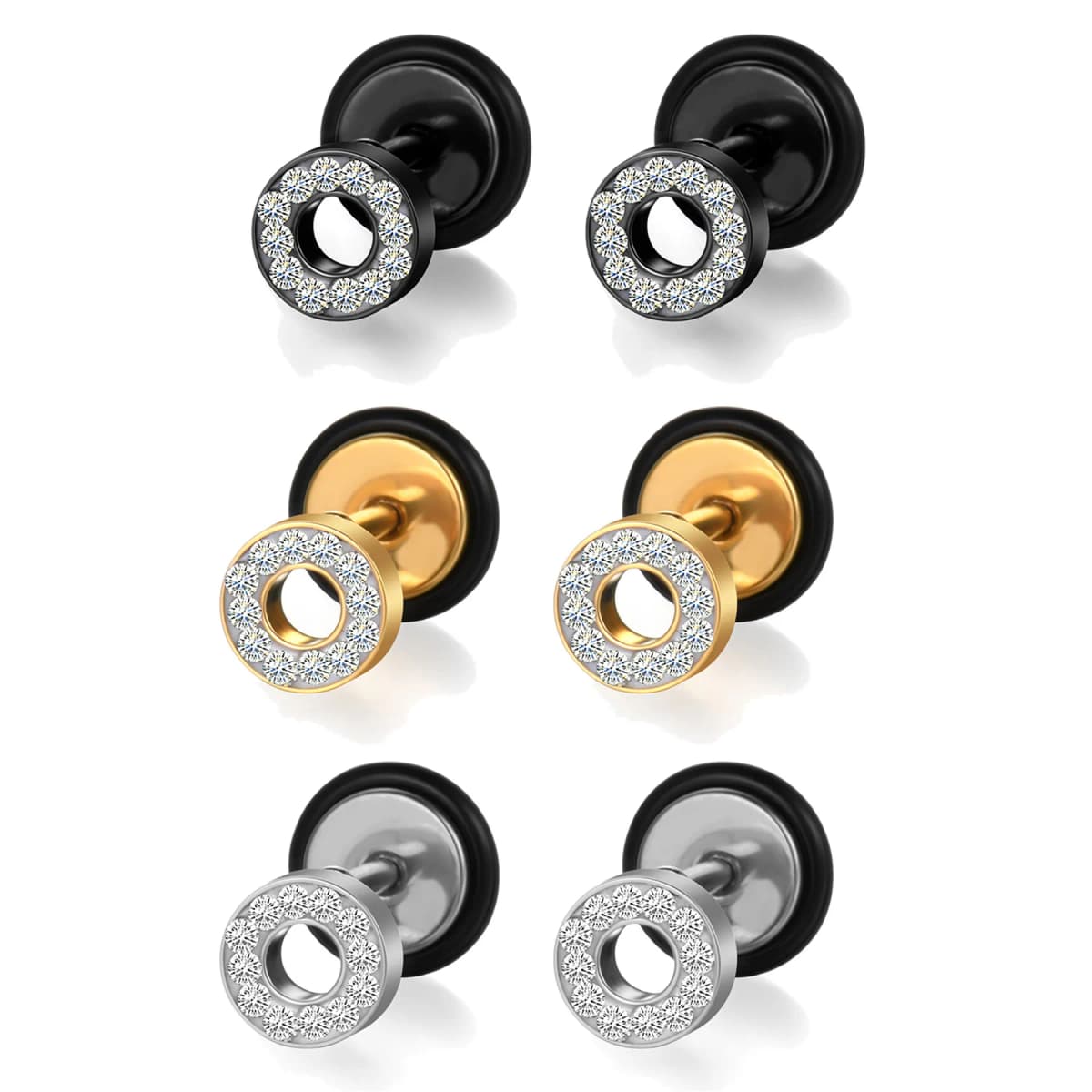 BONISKISS Rhinestone Stainless Steel Round Stud Earrings For Women Dumbbell Pierceing Earrings Men Punk Fashion Jewelry Gift
