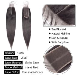 Straight Hair 2X6 13x4 Lace Frontal Closure Only 4x4 5x5 6x6 Lace Closure Brazilian Hair PrePlucked Hair Line Human Hair Closure