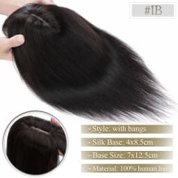 TESS Women Topper 7x12.5cm Hair Toppers With Bangs Natural Hair Wig Human Hair Silk Base Center Part Hair Clip In Hair Extension