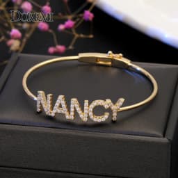 DOREMI Crystal Name Bangle with Zircon Pink Heart Bracelet Custom 9mm Letter Personalized Bracelets Rhinestone Hand Jewelry