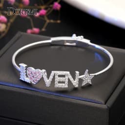 DOREMI Crystal Name Bangle with Zircon Pink Heart Bracelet Custom 9mm Letter Personalized Bracelets Rhinestone Hand Jewelry