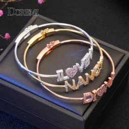 DOREMI Crystal Name Bangle with Zircon Pink Heart Bracelet Custom 9mm Letter Personalized Bracelets Rhinestone Hand Jewelry