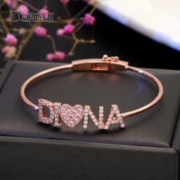 DOREMI Crystal Name Bangle with Zircon Pink Heart Bracelet Custom 9mm Letter Personalized Bracelets Rhinestone Hand Jewelry