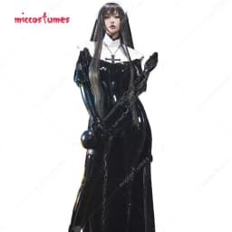 Miccostumes x Chowbie Women Sexy Lingerie Set Black Nun Cosplay Costume Bodysuit Jumpsuit with Collar Headband Necklace