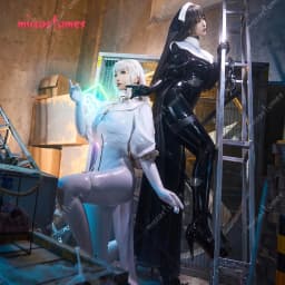 Miccostumes x Chowbie Women Sexy Lingerie Set Black Nun Cosplay Costume Bodysuit Jumpsuit with Collar Headband Necklace