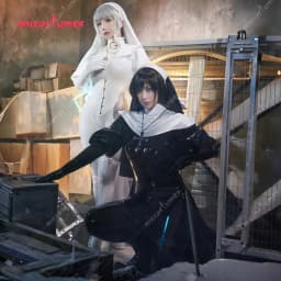 Miccostumes x Chowbie Women Sexy Lingerie Set Black Nun Cosplay Costume Bodysuit Jumpsuit with Collar Headband Necklace