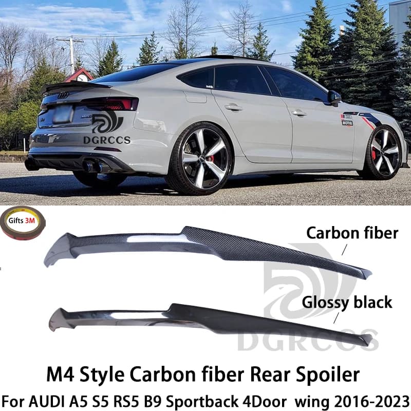 For AUDI A5 S5 RS5 B9 Sportback 4Door M4 Style Rear Spoiler Trunk Wing 2017-2025 Carbon Fiber Glossy Black