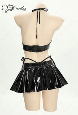 Meowcos Women Broken Heart Gothic Lingerie Set Black Sexy Halter and Skirt Set Cosplay Costumes for Halloween