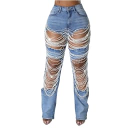 Women Fashion Pearl Beading Ripped Hollow Out Tassel Wide Leg Jeans 2026 New Summer INS Street Denim Pants Trousers