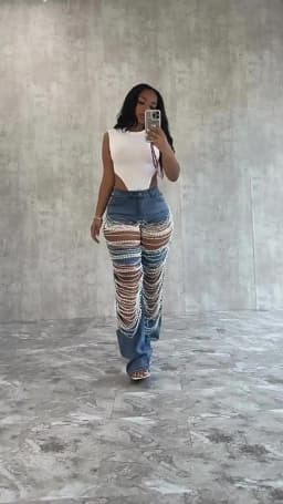 Women Fashion Pearl Beading Ripped Hollow Out Tassel Wide Leg Jeans 2026 New Summer INS Street Denim Pants Trousers