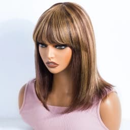 Sleek Short Bob Human Hair Wigs With Bangs Highlight Ombre Colored Brazilian Hair Wigs For Women Cosplay Pixie Cut Woman Wig
