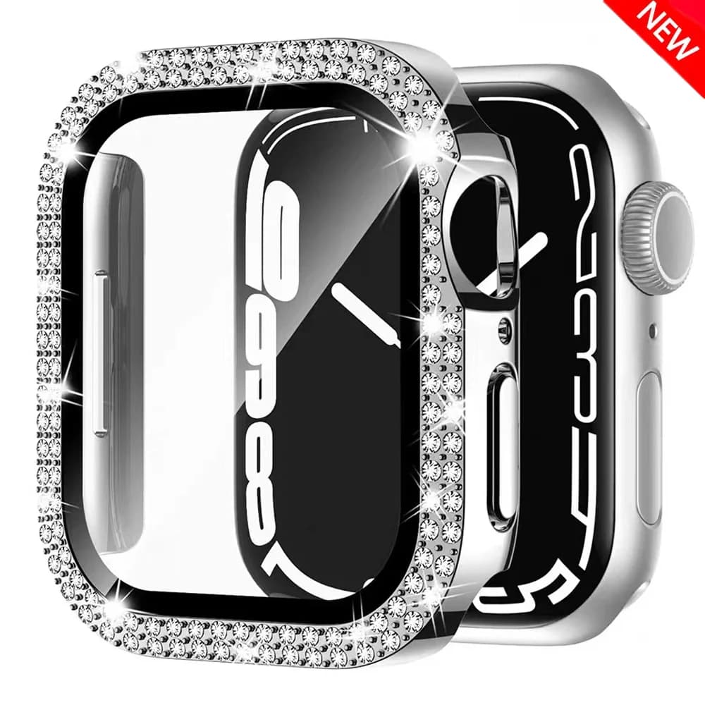 Diamond Bling Cover For Apple watch Case 45mm 41mm 38mm 42mm 44mm 40mm HD Tempered Glass+Bumper Screen Protector Accessories