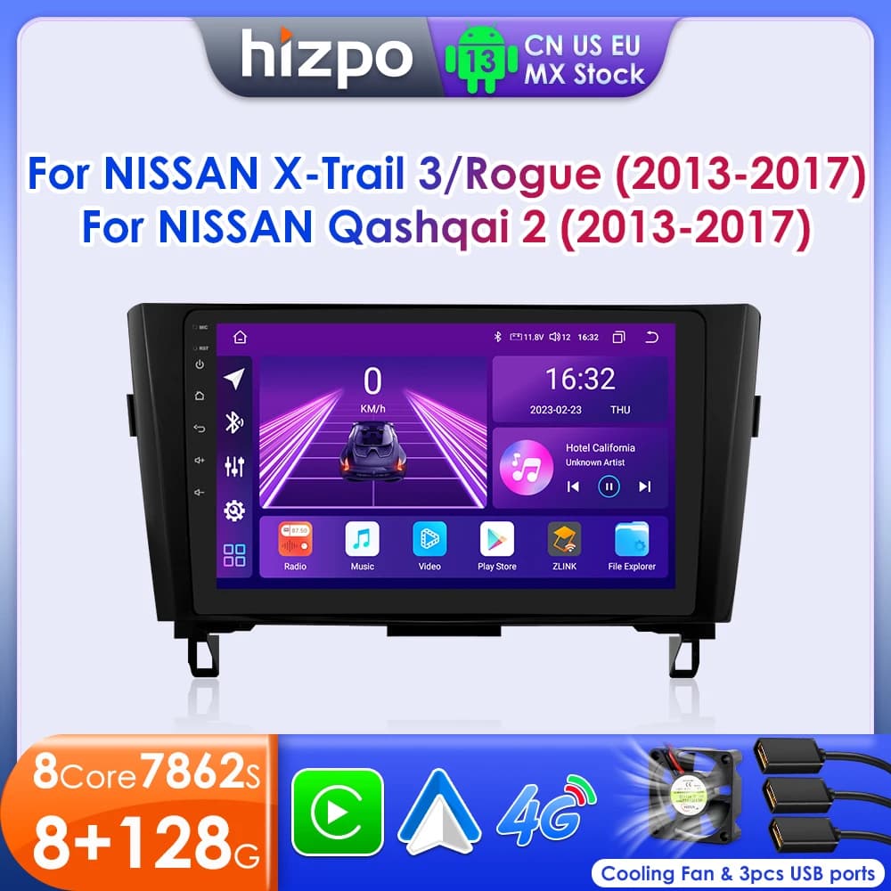 Hizpo 2Din Android 13 for Nissan Rogue X-Trail X Trail 3 T32 2013 - 2017 Qashqai 2 J11 Car Radio Multimedia GPS Carplay Auto DSP