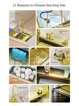 fregaderos de cocina Gold golden 5mm Waterfall Kitchen Sink Honeycomb Technology Large Digitial Display Stainless Steel Sink