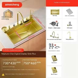 fregaderos de cocina Gold golden 5mm Waterfall Kitchen Sink Honeycomb Technology Large Digitial Display Stainless Steel Sink