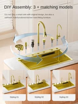 fregaderos de cocina Gold golden 5mm Waterfall Kitchen Sink Honeycomb Technology Large Digitial Display Stainless Steel Sink