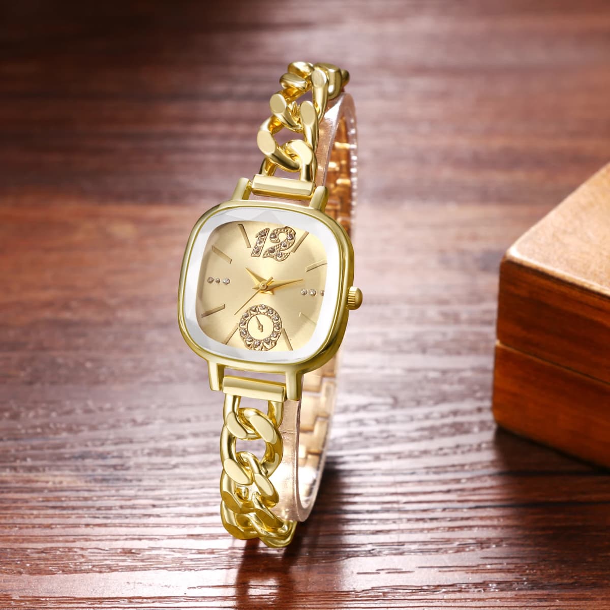 Lancardo Women's Square Cuban Bracelet Watch Diamond Waterproof Strip Scale Adjustable Bracelet Exquisite Fashion Women's Watch
